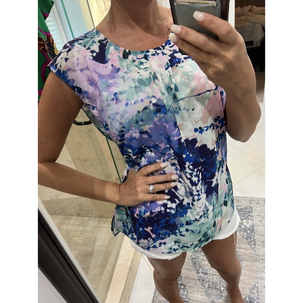 Talbots Sleeveless Satin Watercolor Blue Purple Floral Blouse Tunic Size 10